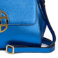 Blue textured leather handbag with a gold Amaltea emblem clasp buckle, with leather handle & strap, on a white background. - DEI DUCHI (AMALTEA)