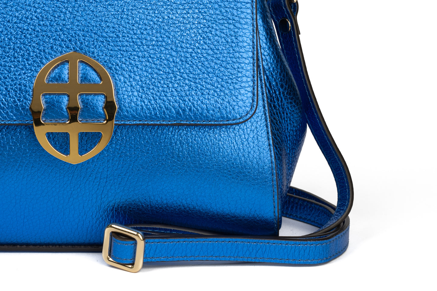 Blue textured leather handbag with a gold Amaltea emblem clasp buckle, with leather handle & strap, on a white background. - DEI DUCHI (AMALTEA)