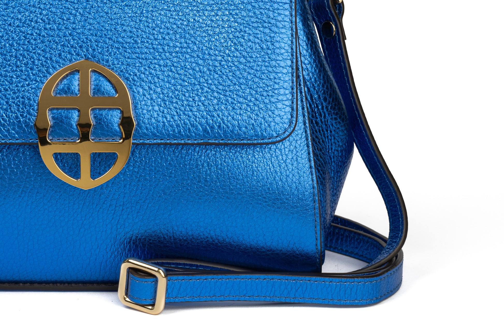 Blue textured leather handbag with a gold Amaltea emblem clasp buckle, with leather handle & strap, on a white background. - DEI DUCHI (AMALTEA)