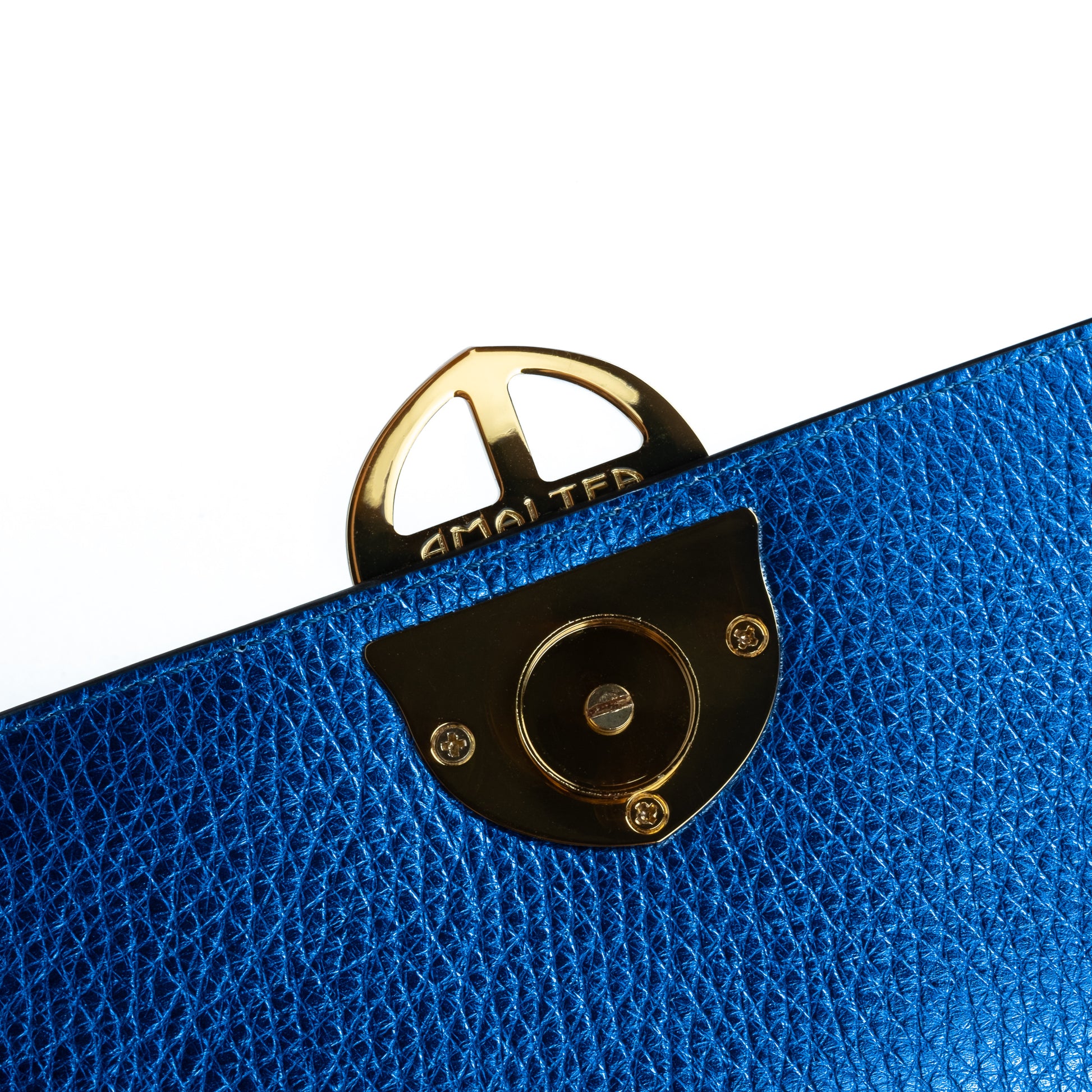 Blue textured leather handbag with a gold Amaltea emblem clasp buckle, with leather handle & strap, on a white background. - DEI DUCHI (AMALTEA)