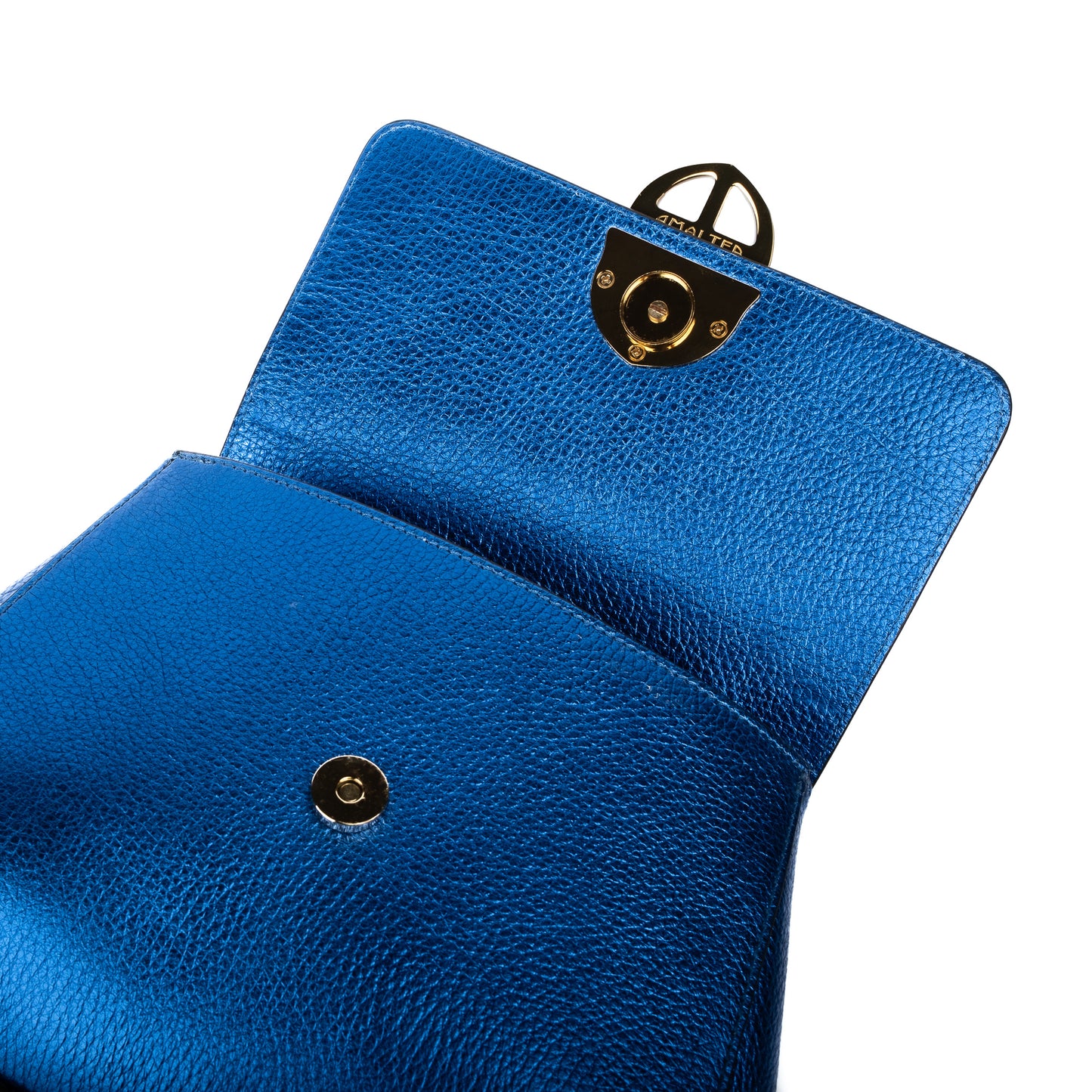 Blue textured leather handbag with a gold Amaltea emblem clasp buckle, with leather handle & strap, on a white background. - DEI DUCHI (AMALTEA)