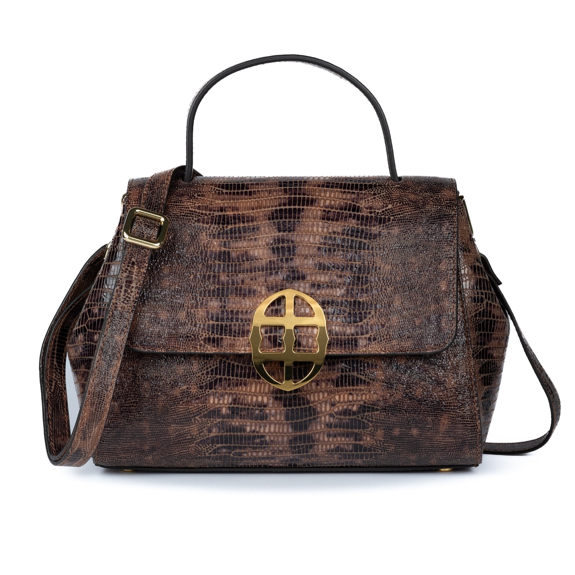 Brown leather textured handbag with a gold clasp on a white background. DEI DUCHI (AMALTEA)