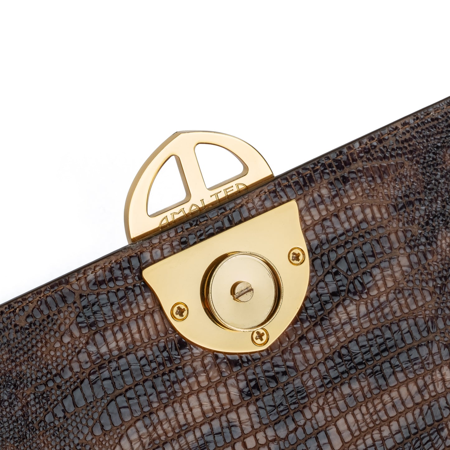 Brown leather textured handbag with a gold clasp on a white background. DEI DUCHI (AMALTEA)