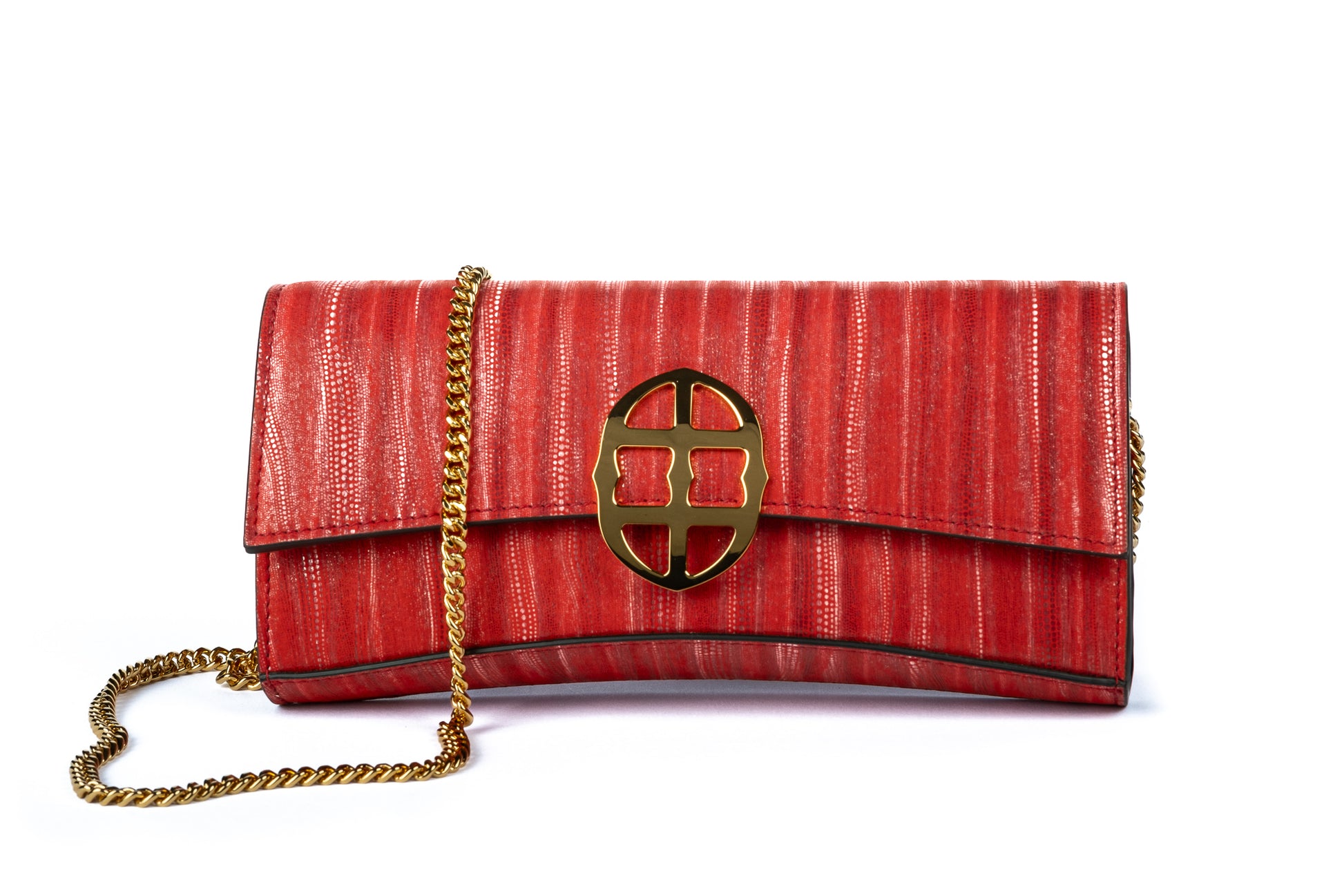 Front view of Red handbag with a chain detail strap, Red clutch bag with a gold emblem/buckle on a white background - DEI DUCHI (ALMATEA)