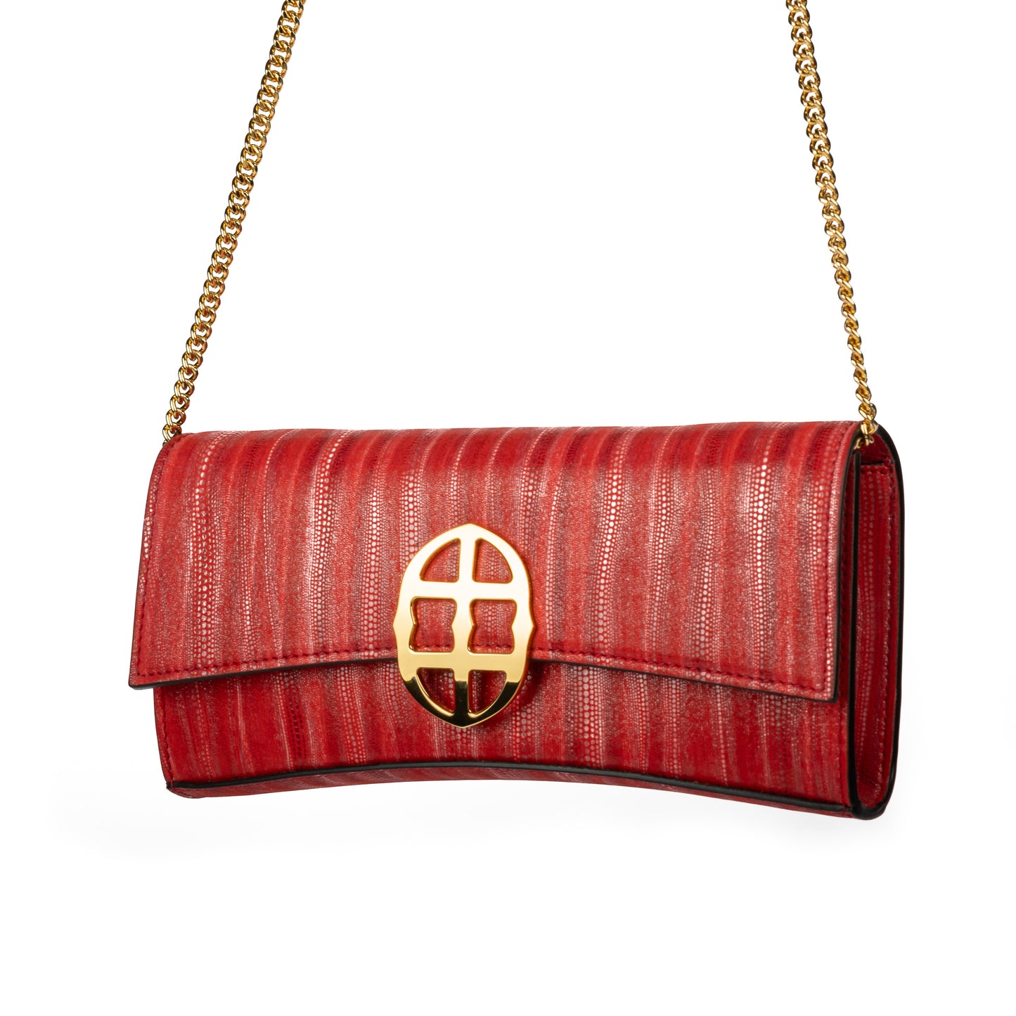 Front view of Red handbag with a chain detail strap, Red clutch bag with a gold emblem/buckle on a white background - DEI DUCHI (ALMATEA)