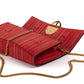 Laid view of Red handbag with a chain detail strap, Red clutch bag with a gold emblem/buckle on a white background - DEI DUCHI (ALMATEA)
