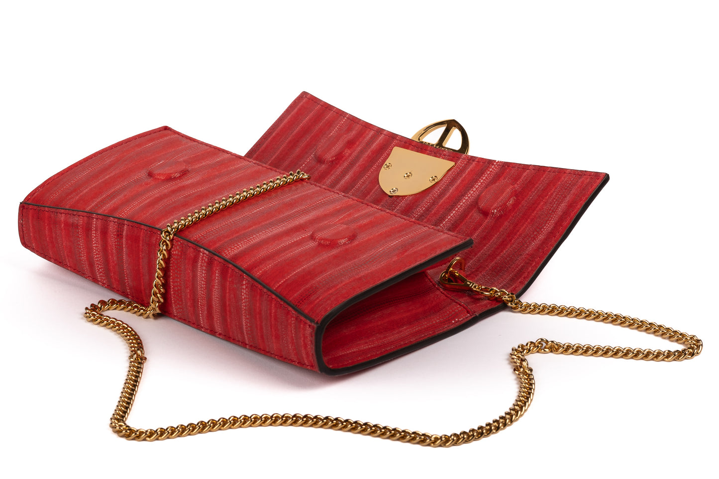 Laid view of Red handbag with a chain detail strap, Red clutch bag with a gold emblem/buckle on a white background - DEI DUCHI (ALMATEA)