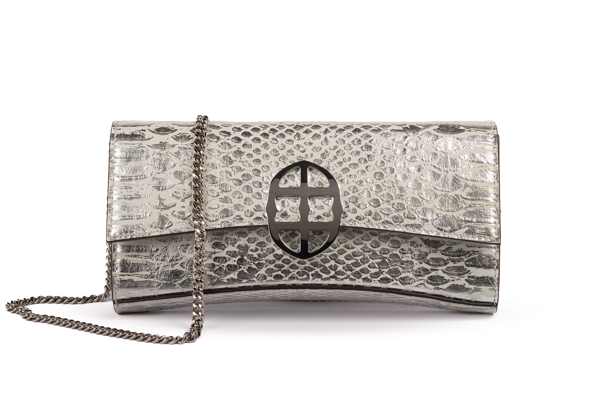 Front view of a silvery snake textured leather bag with a burnished metal 'AMALTEA' metal buckle logo, and a silver chain strap, on a white background. - DEI DUCHI (AMALTEA)