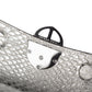 Close-up of a silvery snake textured leather bag with an ENGRAVED 'AMALTEA' branding on burnished metal buckle on a white background. - DEI DUCHI (AMALTEA)