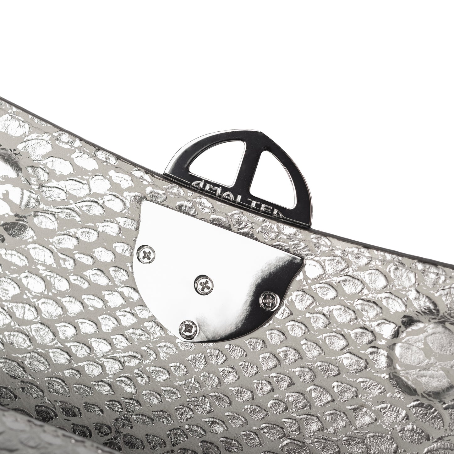 Close-up of a silvery snake textured leather bag with an ENGRAVED 'AMALTEA' branding on burnished metal buckle on a white background. - DEI DUCHI (AMALTEA)