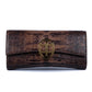 Brown embossed leather python skin clutch bag with gold chain and buckle/emblem on a white background. - DEI DUCHI (AMALTEA)