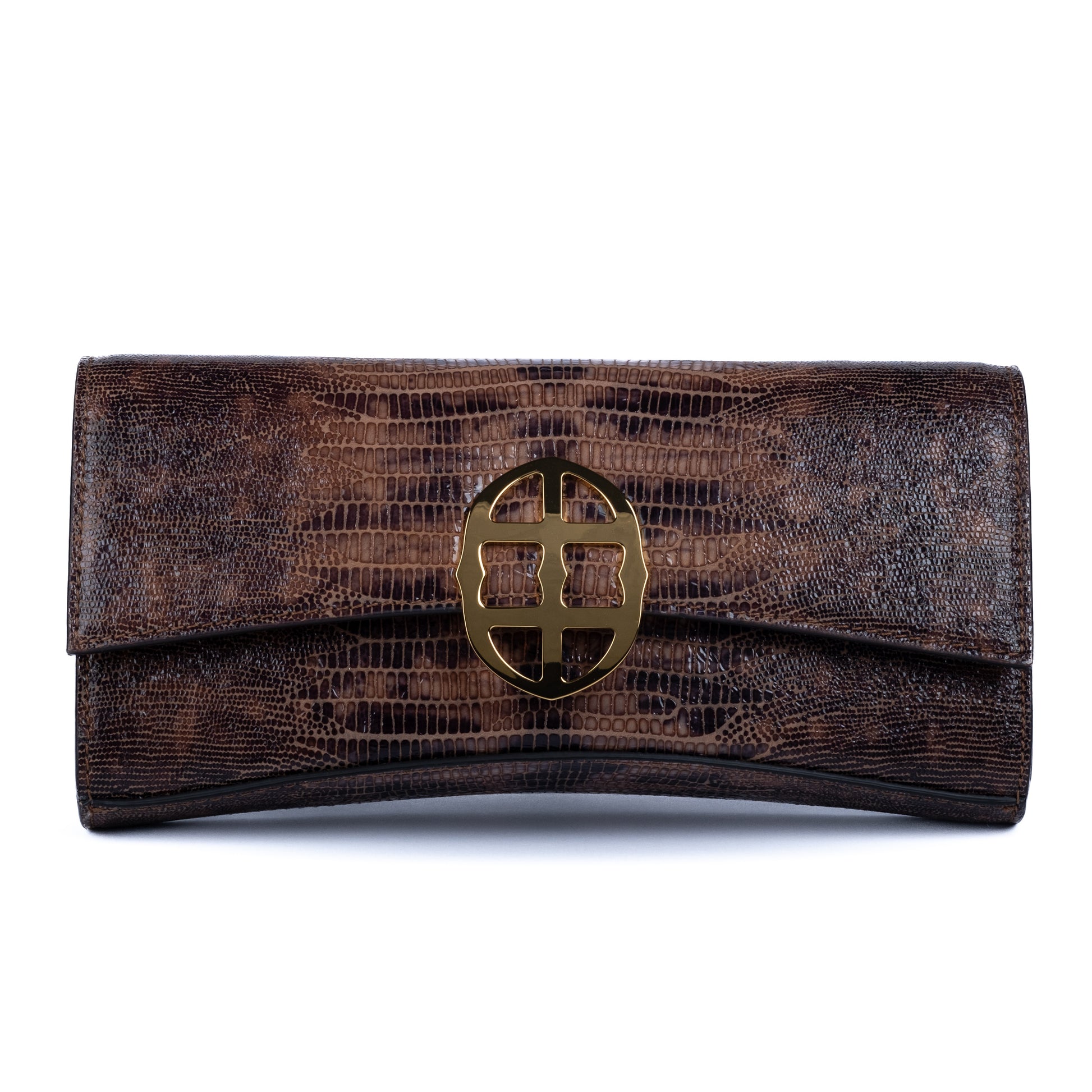 Brown embossed leather python skin clutch bag with gold chain and buckle/emblem on a white background. - DEI DUCHI (AMALTEA)
