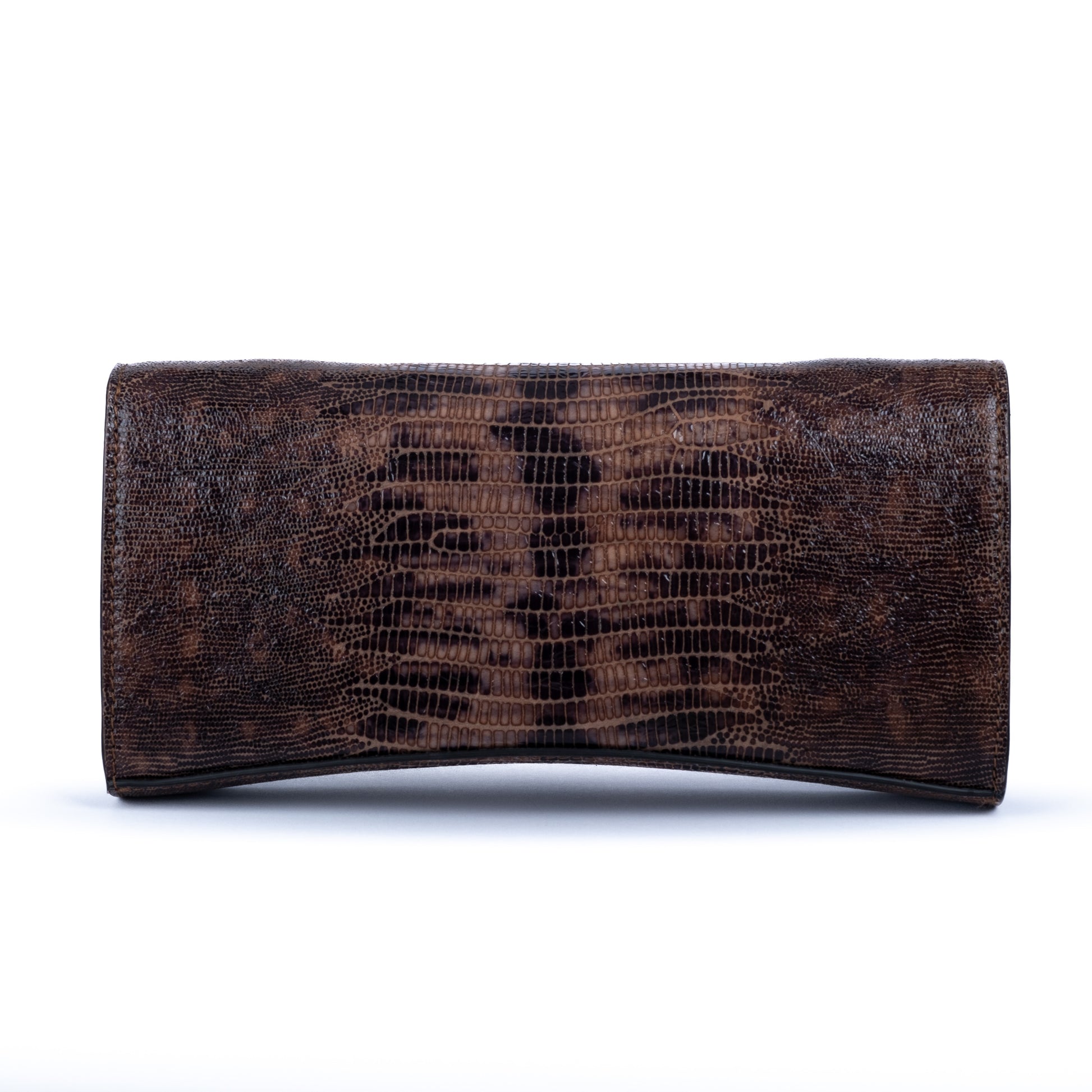 Brown embossed leather python skin clutch bag with gold chain and buckle/emblem on a white background. - DEI DUCHI (AMALTEA)