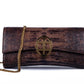 Brown embossed python skin clutch bag with gold chain and buckle/emblem on a white background. - DEI DUCHI (AMALTEA)