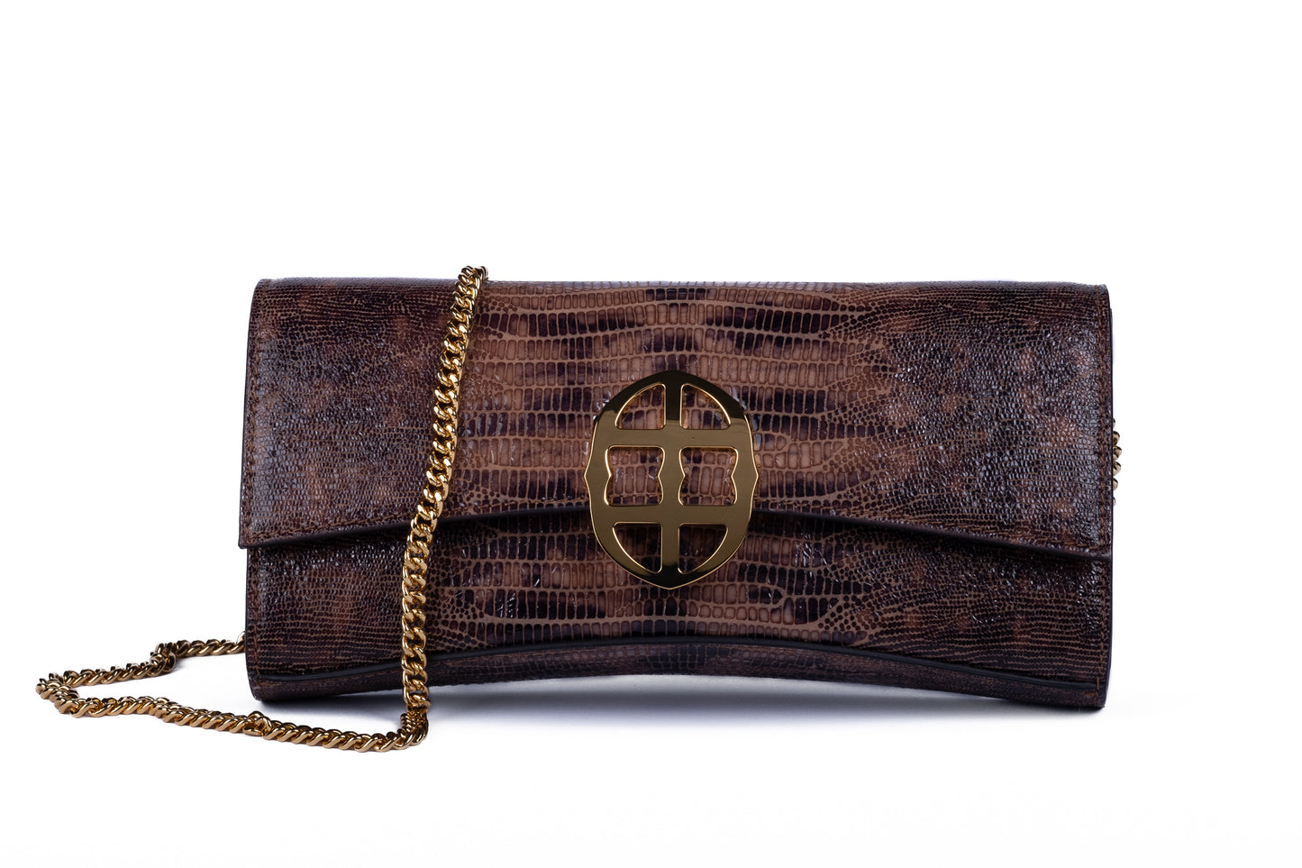 Brown embossed python skin clutch bag with gold chain and buckle/emblem on a white background. - DEI DUCHI (AMALTEA)