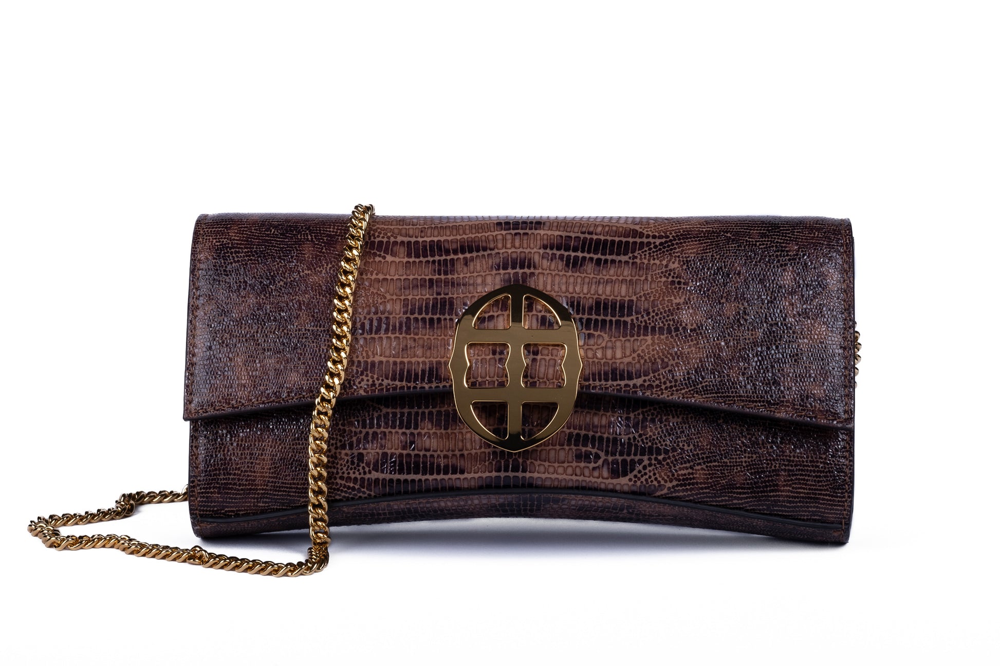 Brown embossed python skin clutch bag with gold chain and buckle/emblem on a white background. - DEI DUCHI (AMALTEA)