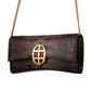 Brown embossed python skin clutch bag with gold chain and buckle/emblem on a white background. - DEI DUCHI (AMALTEA)