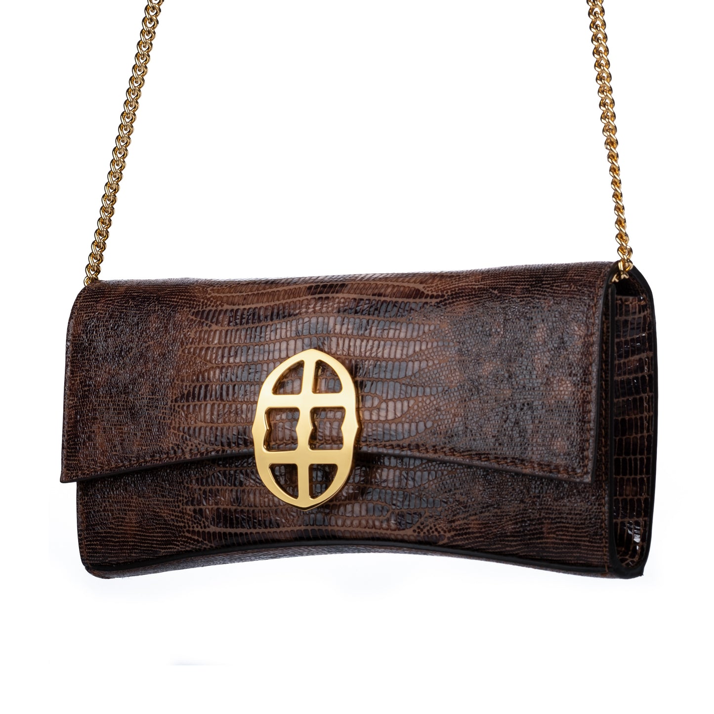 Brown embossed python skin clutch bag with gold chain and buckle/emblem on a white background. - DEI DUCHI (AMALTEA)