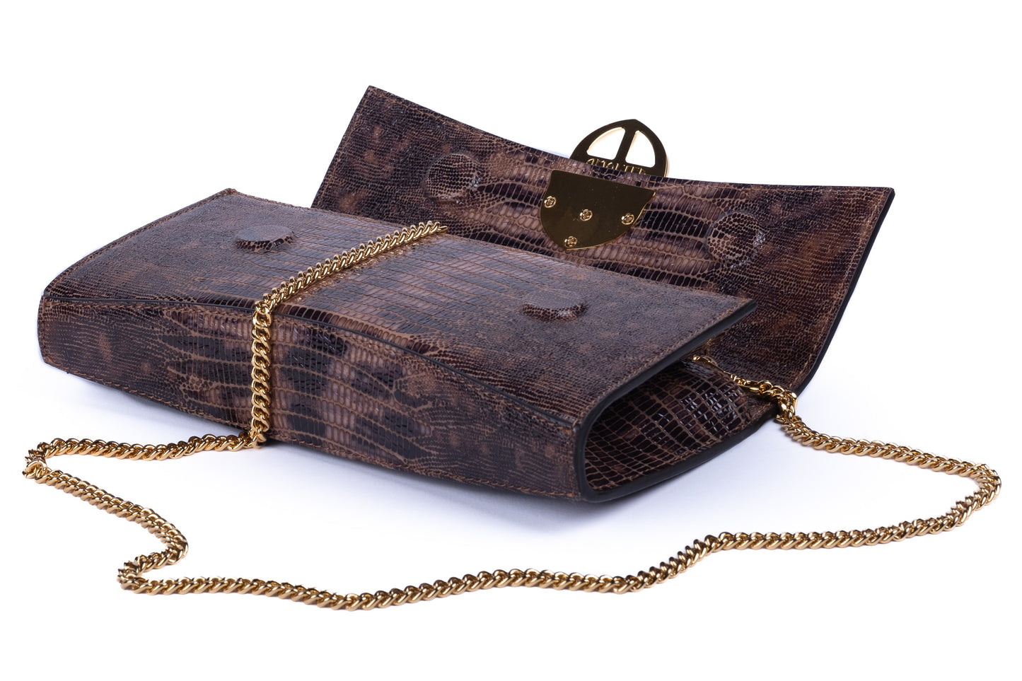 Brown embossed leather python skin clutch bag with gold chain and buckle/emblem on a white background. - DEI DUCHI (AMALTEA)