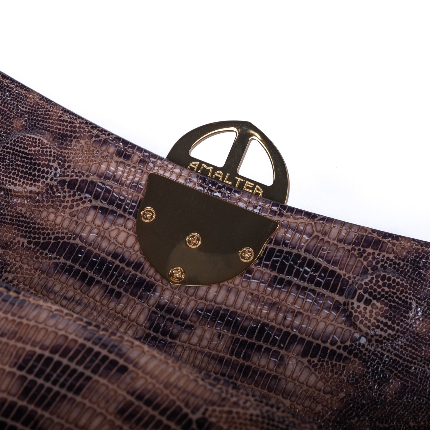 Brown embossed leather python skin clutch bag with gold chain and buckle/emblem on a white background. - DEI DUCHI (AMALTEA)