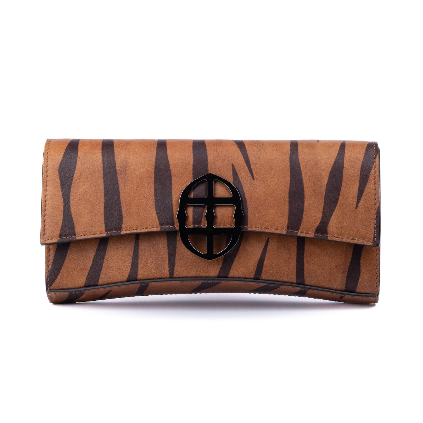 Brown leather wallet with chain strap 
 and embossed tiger stripe pattern and burnished metal buckle/clasp on a white background.  -DEI DUCHI (AMALTEA)