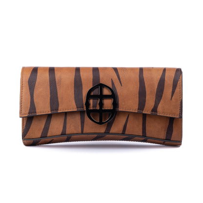 Brown leather wallet with chain strap 
 and embossed tiger stripe pattern and burnished metal buckle/clasp on a white background.  -DEI DUCHI (AMALTEA)