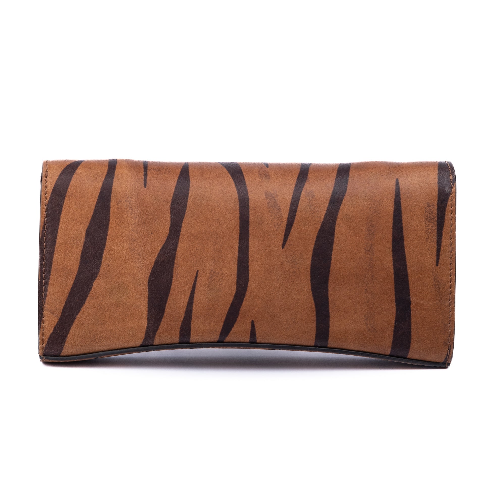 Brown leather wallet with chain strap 
 and embossed tiger stripe pattern and burnished metal buckle/clasp on a white background.  -DEI DUCHI (AMALTEA)