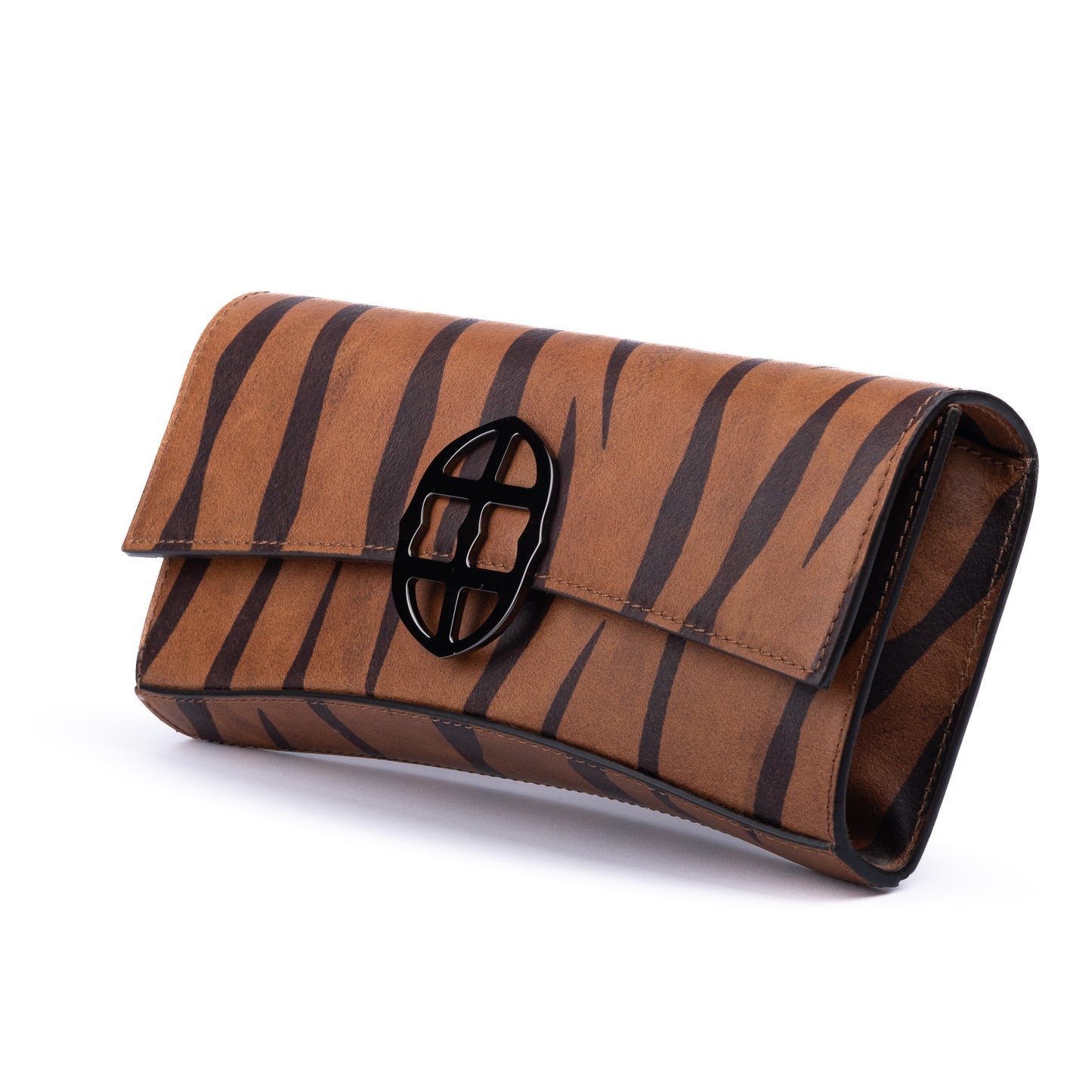 Brown leather wallet with chain strap 
 and embossed tiger stripe pattern and burnished metal buckle/clasp on a white background.  -DEI DUCHI (AMALTEA)