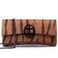Brown leather wallet with chain strap 
 and embossed tiger stripe pattern and burnished metal buckle/clasp on a white background.  -DEI DUCHI (AMALTEA)