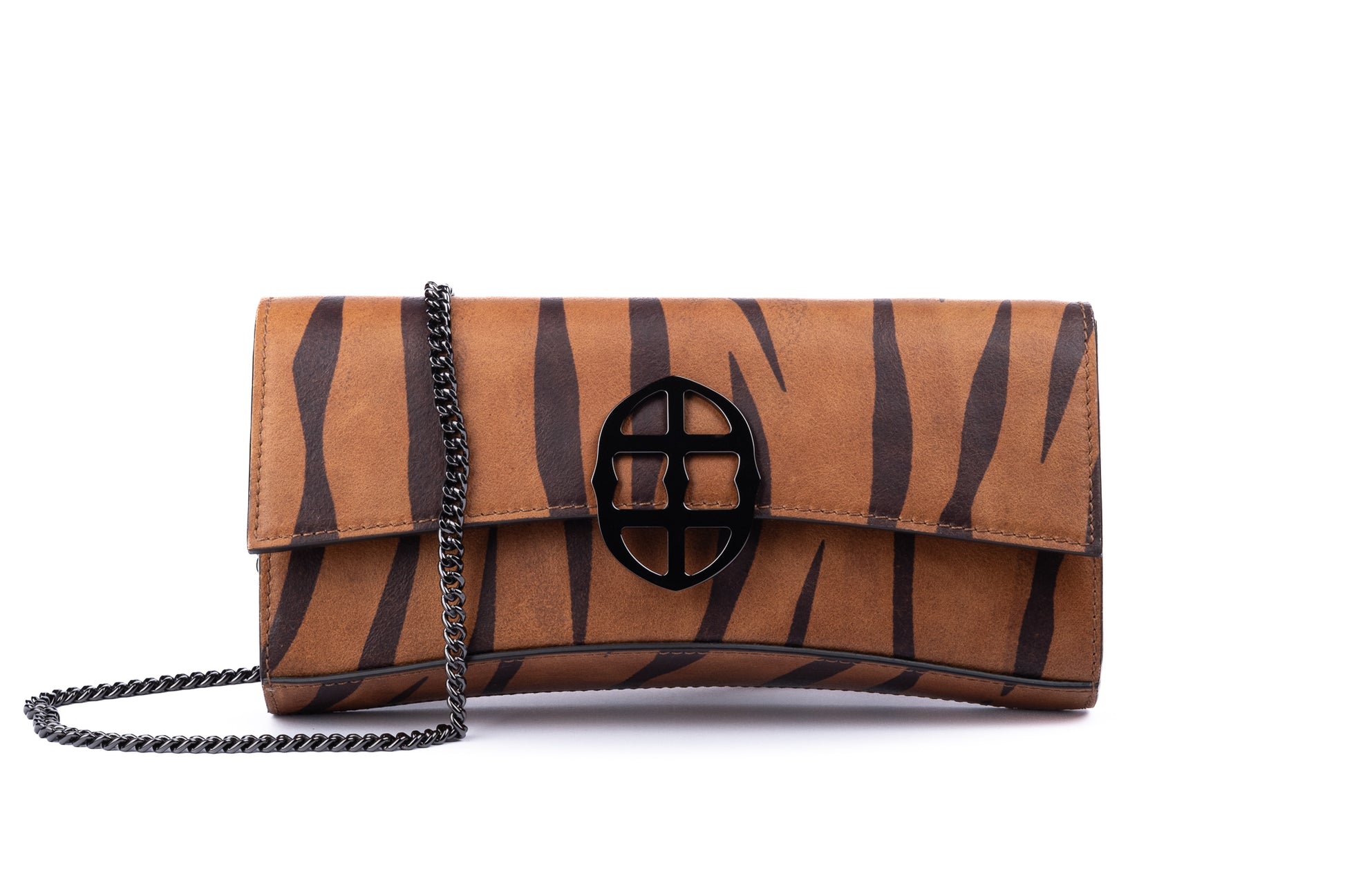 Brown leather wallet with chain strap 
 and embossed tiger stripe pattern and burnished metal buckle/clasp on a white background.  -DEI DUCHI (AMALTEA)