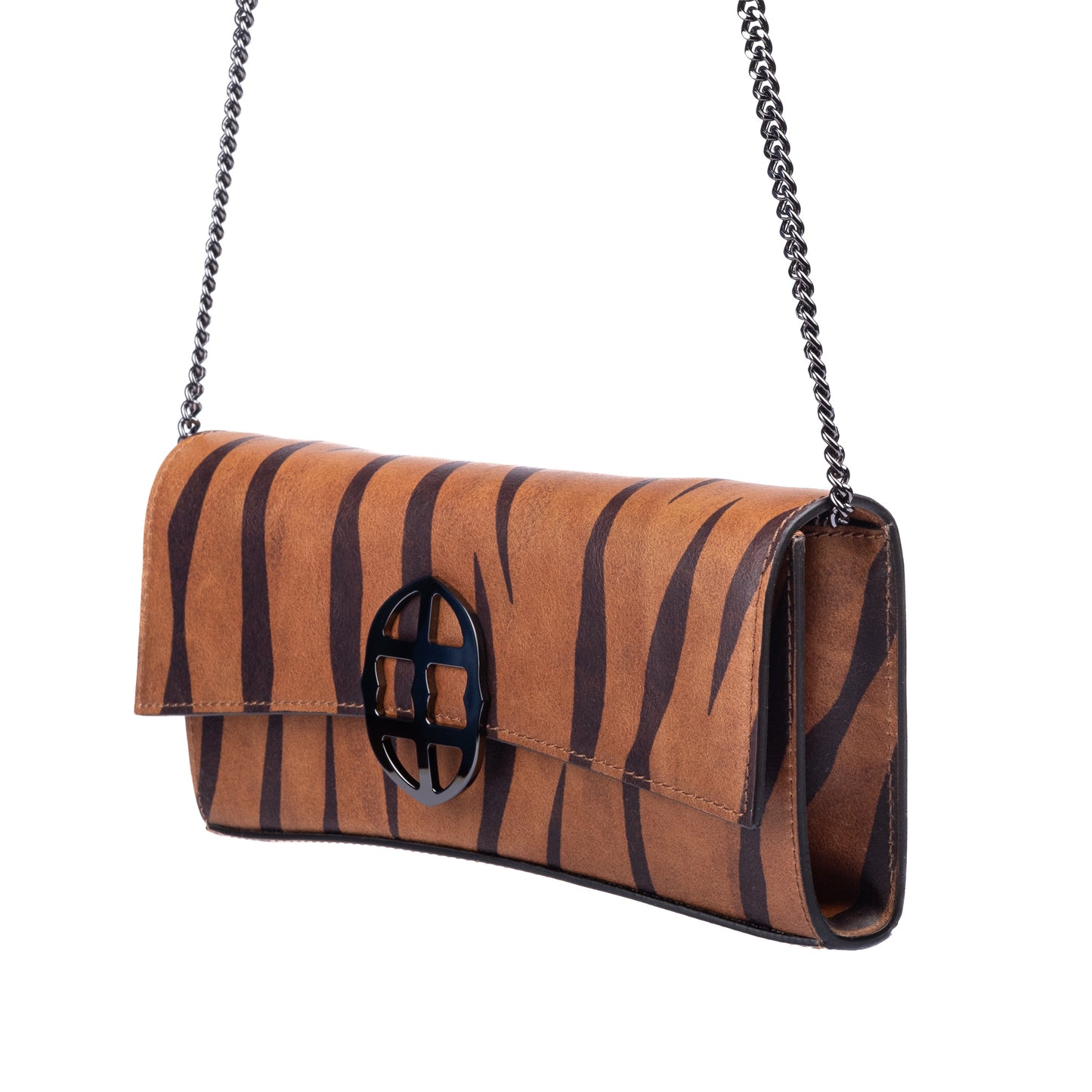 Brown leather wallet with chain strap 
 and embossed tiger stripe pattern and burnished metal buckle/clasp on a white background.  -DEI DUCHI (AMALTEA)
