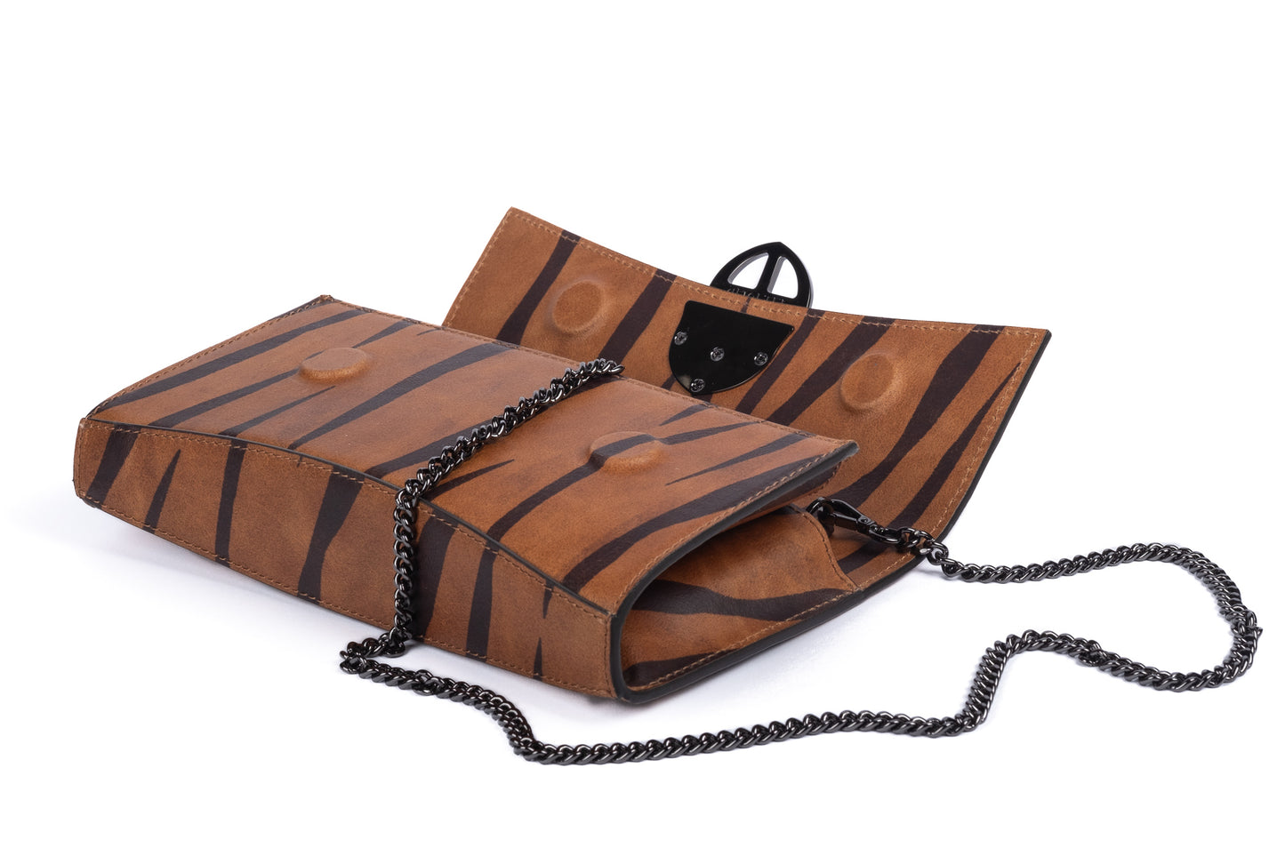 Brown leather wallet with chain strap 
 and embossed tiger stripe pattern and burnished metal buckle/clasp on a white background.  -DEI DUCHI (AMALTEA)