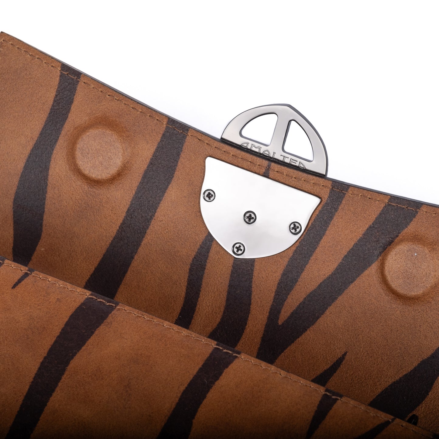 Brown leather wallet with chain strap 
 and embossed tiger stripe pattern and burnished metal buckle/clasp on a white background.  -DEI DUCHI (AMALTEA)