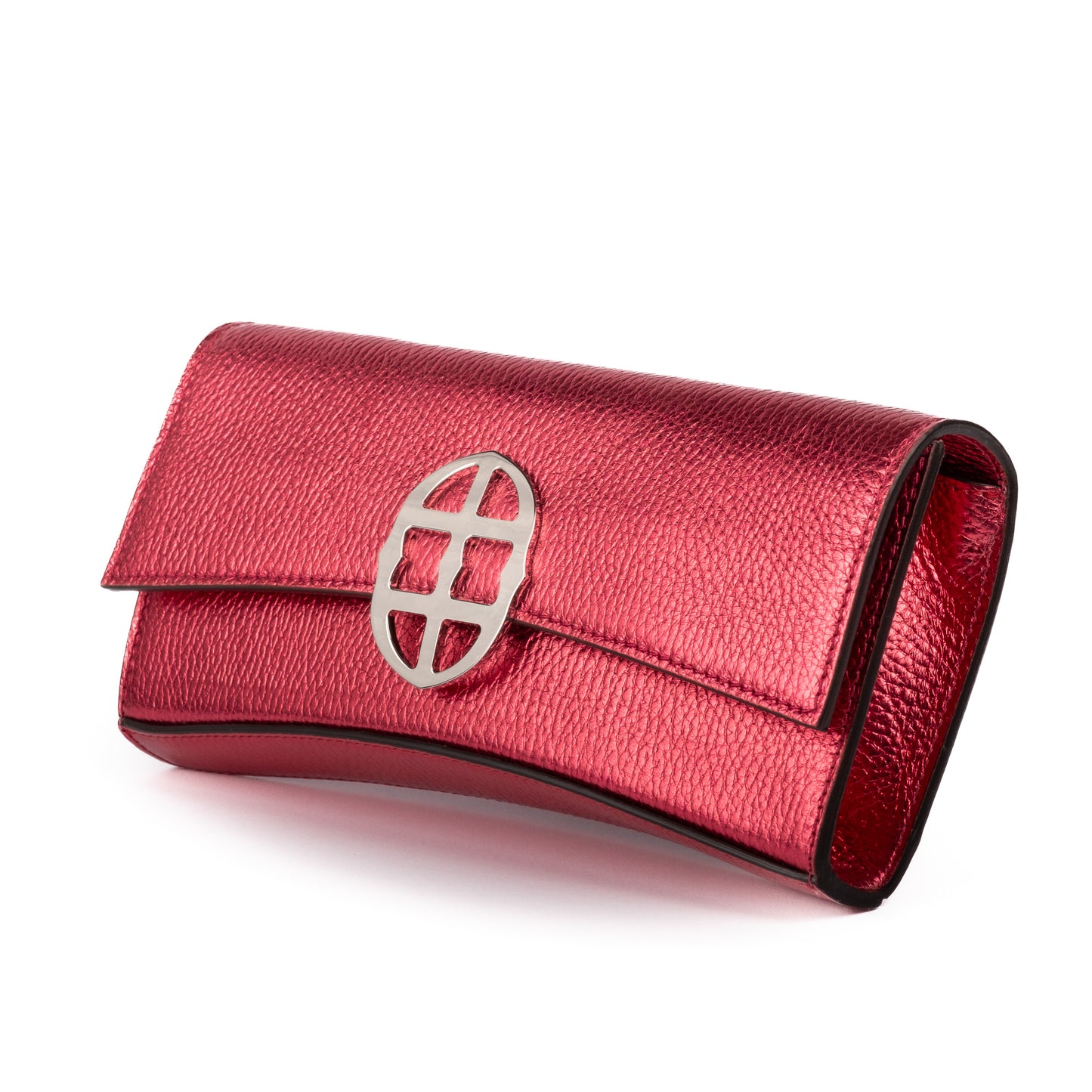 Strawberry Red leather clutch bag/wallet with a burnished metallic emblem buckle on a white background. - DEI DUCHI (AMALTEA)