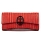 Front view of Red clutch bag with a burnished metal  emblem/buckle on a white background - DEI DUCHI (ALMATEA)