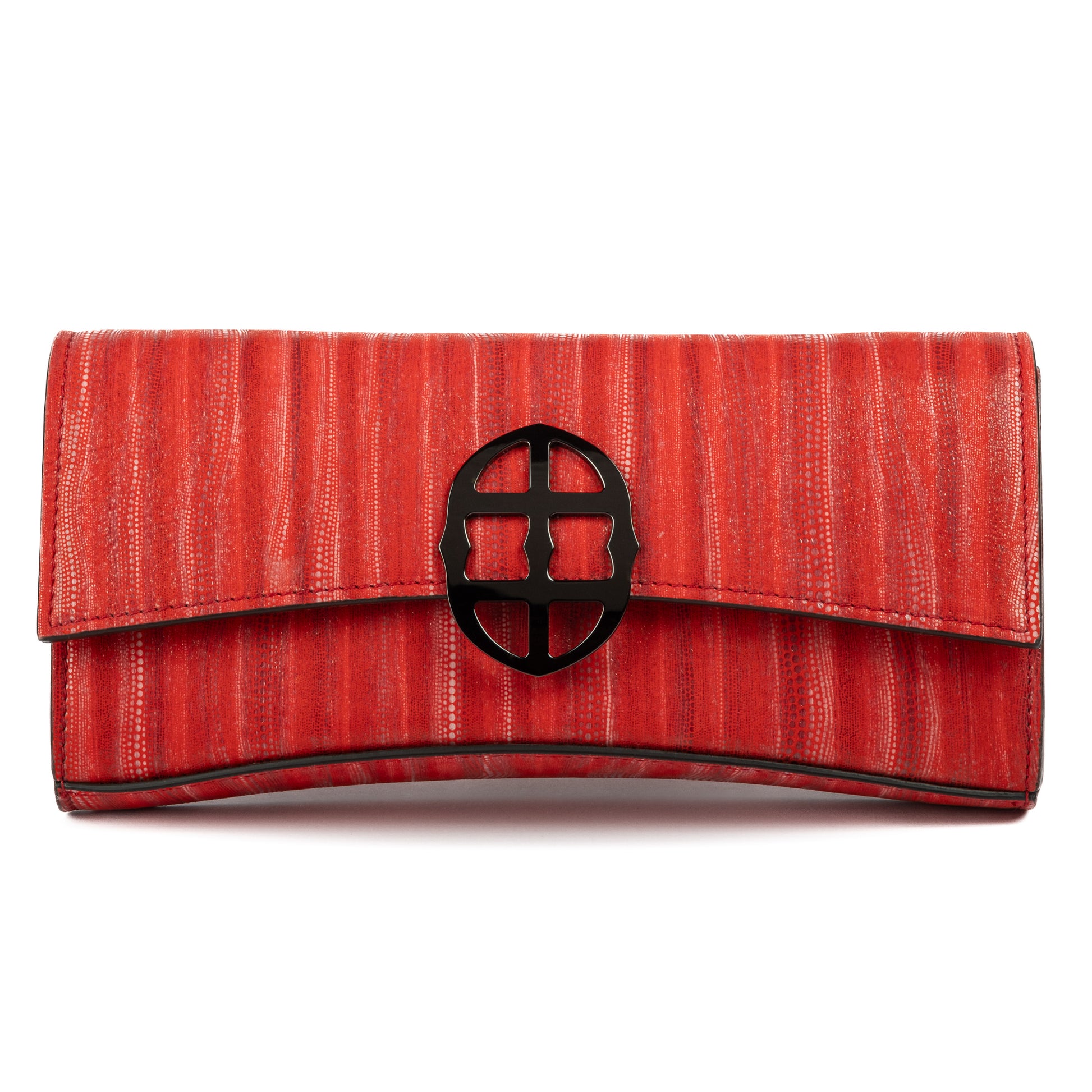 Front view of Red clutch bag with a burnished metal  emblem/buckle on a white background - DEI DUCHI (ALMATEA)