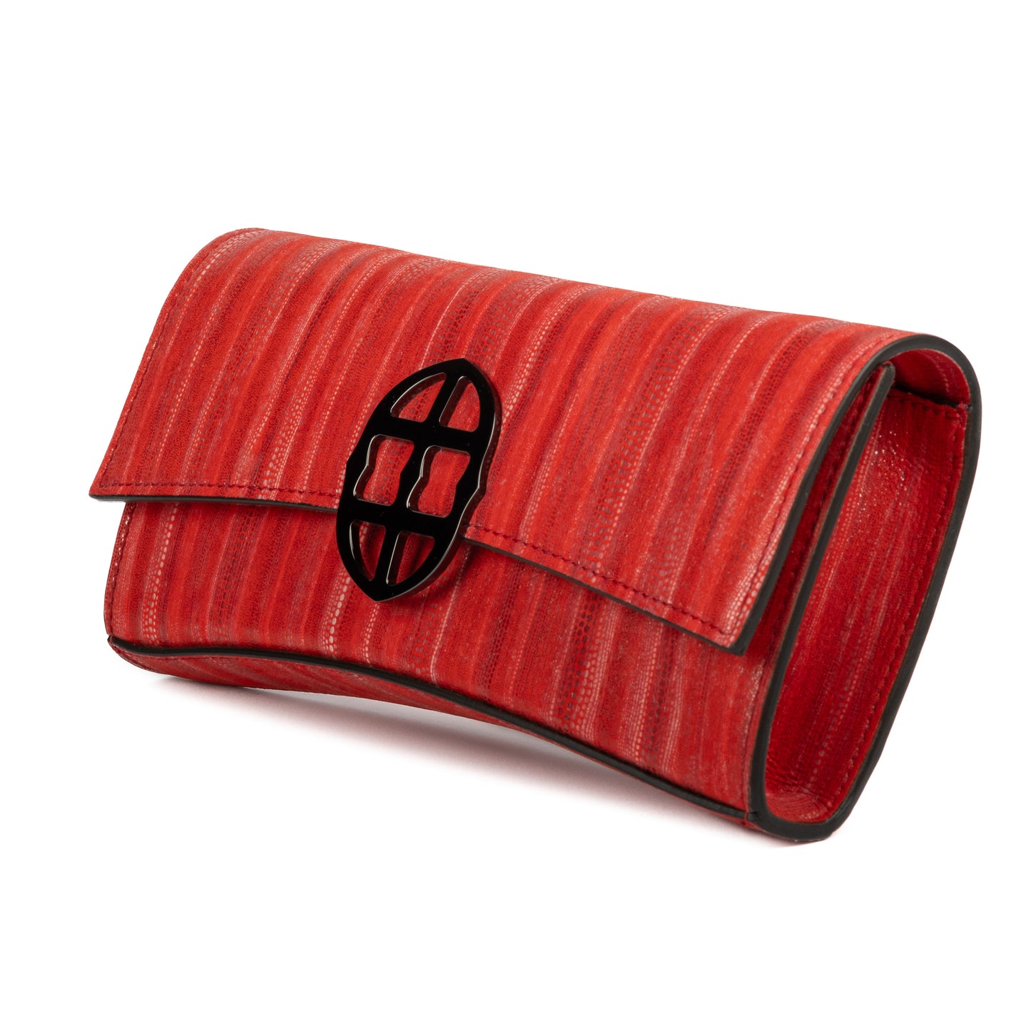 Orthographic view of Red clutch bag with a burnished metal emblem/buckle on a white background - DEI DUCHI (ALMATEA)