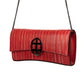 Orthographic view of a Red leather clutch bag with a burnished metal chain/strap and emblem/buckle on a white background - DEI DUCHI (ALMATEA)