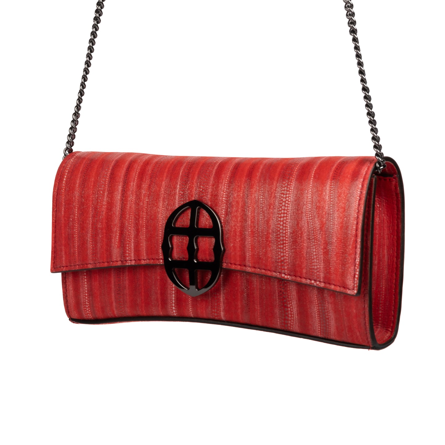 Orthographic view of a Red leather clutch bag with a burnished metal chain/strap and emblem/buckle on a white background - DEI DUCHI (ALMATEA)