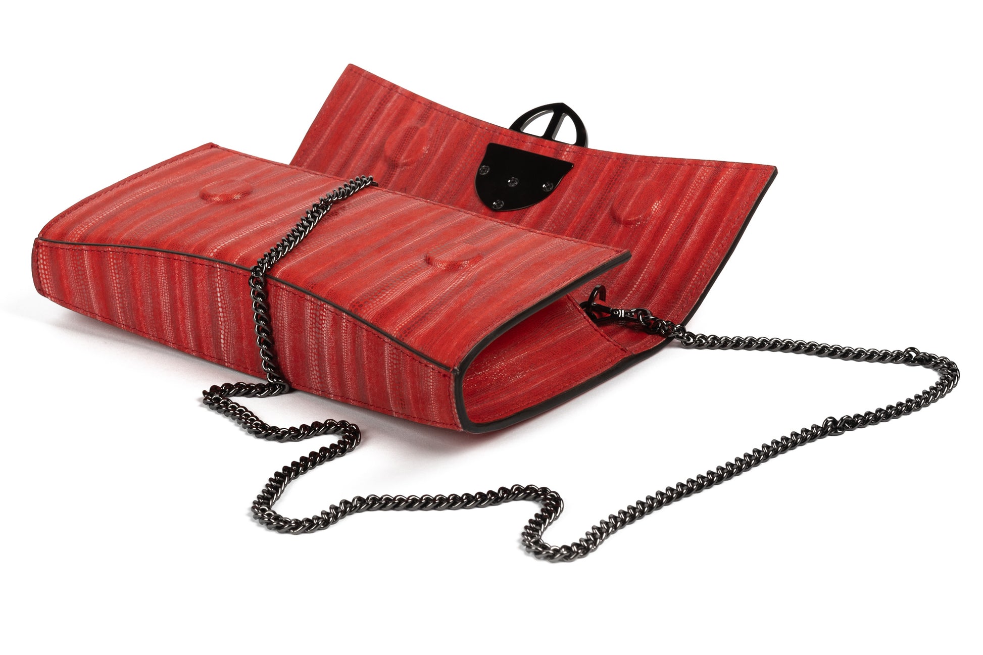 Orthographic view of a Red leather clutch bag with a burnished metal chain/strap and emblem/buckle on a white background - DEI DUCHI (ALMATEA)