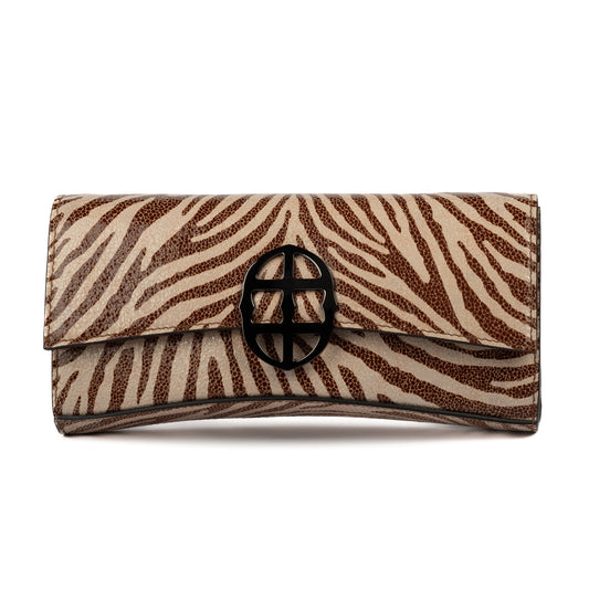 Zebra embossed pinkish leather clutch bag/wallet with a burnished metallic emblem buckle on a white background. - DEI DUCHI (AMALTEA)