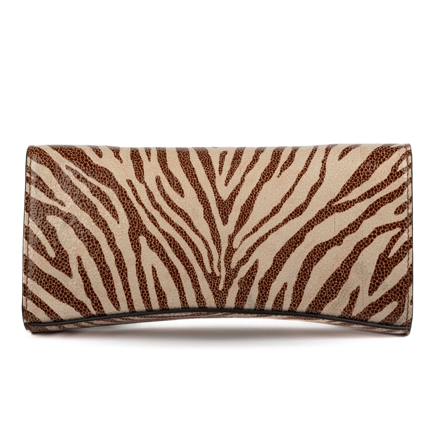 Zebra embossed pinkish leather clutch bag/wallet with a burnished metallic emblem buckle on a white background. - DEI DUCHI (AMALTEA)