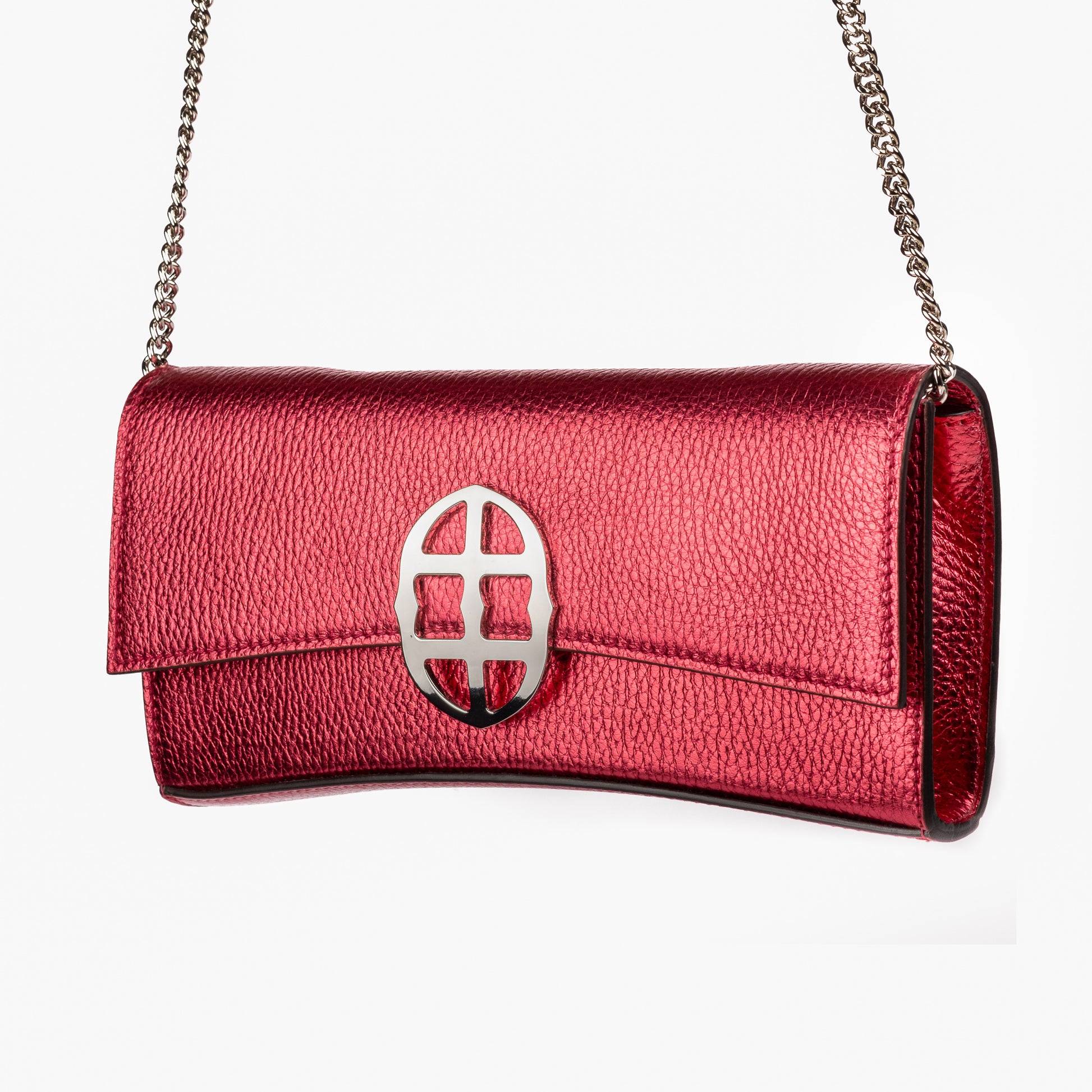 Strawberry Red leather clutch bag/wallet with a burnished metallic emblem buckle on a white background. - DEI DUCHI (AMALTEA)