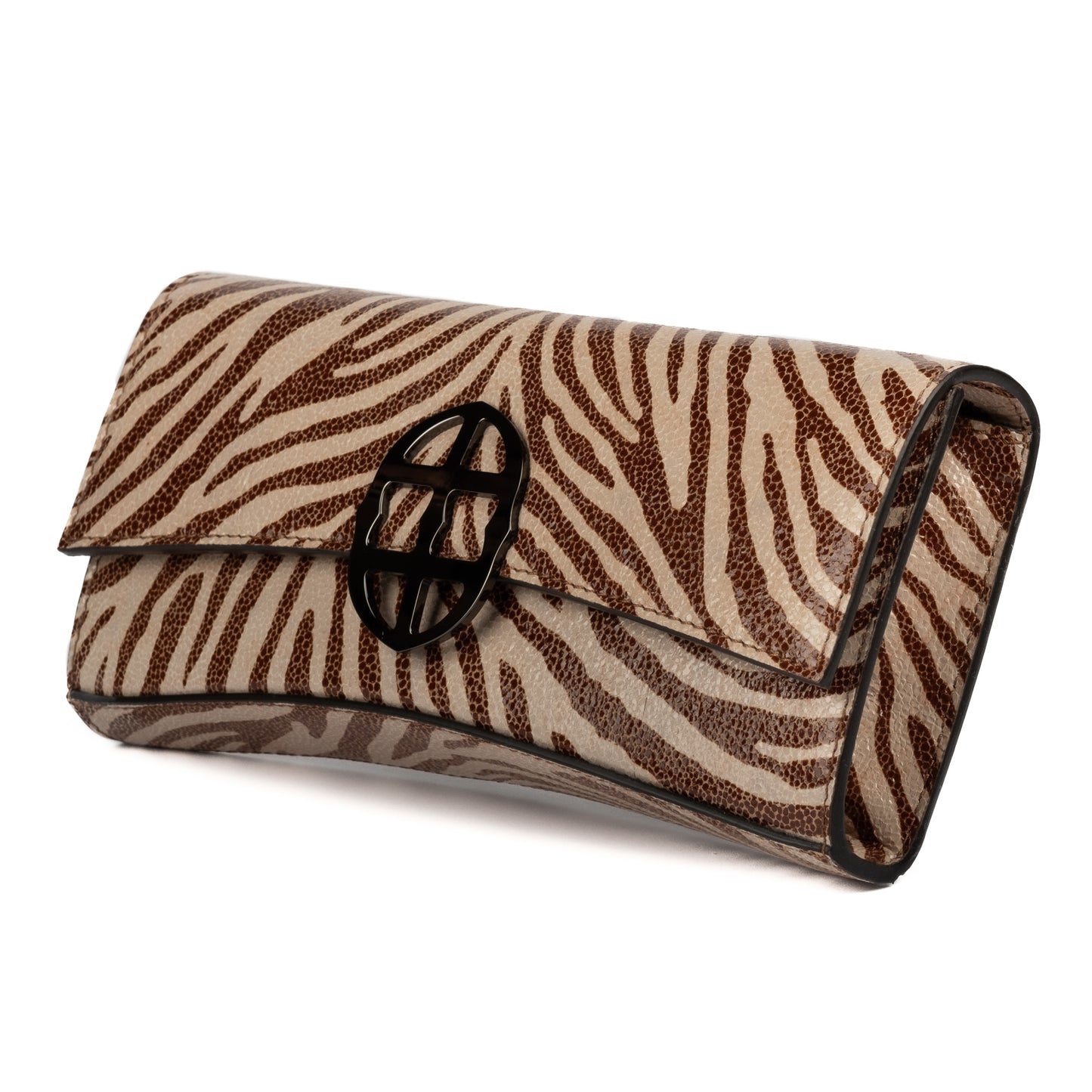 Zebra embossed pinkish leather clutch bag/wallet with a burnished metallic emblem buckle on a white background. - DEI DUCHI (AMALTEA)