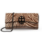 Zebra embossed pinkish leather clutch bag/wallet with a burnished metallic emblem buckle on a white background. - DEI DUCHI (AMALTEA)