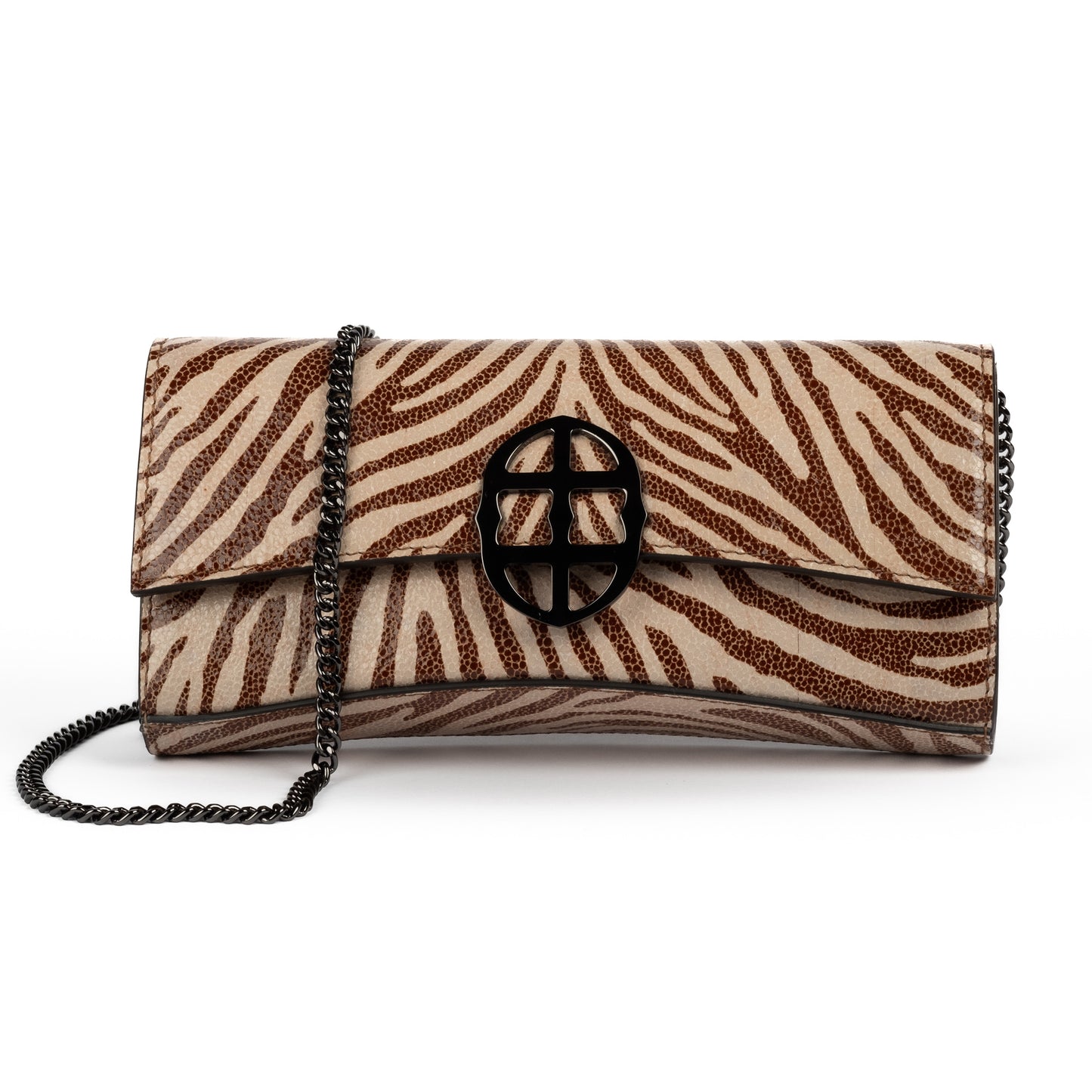 Zebra embossed pinkish leather clutch bag/wallet with a burnished metallic emblem buckle on a white background. - DEI DUCHI (AMALTEA)