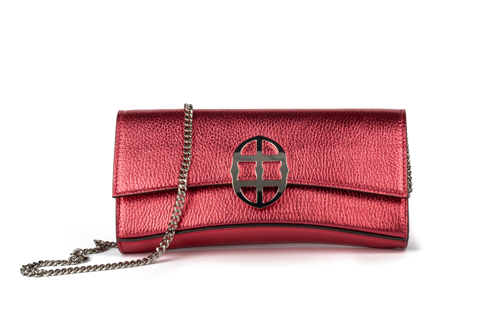Strawberry Red leather clutch bag/wallet with a burnished metallic emblem buckle on a white background. - DEI DUCHI (AMALTEA)