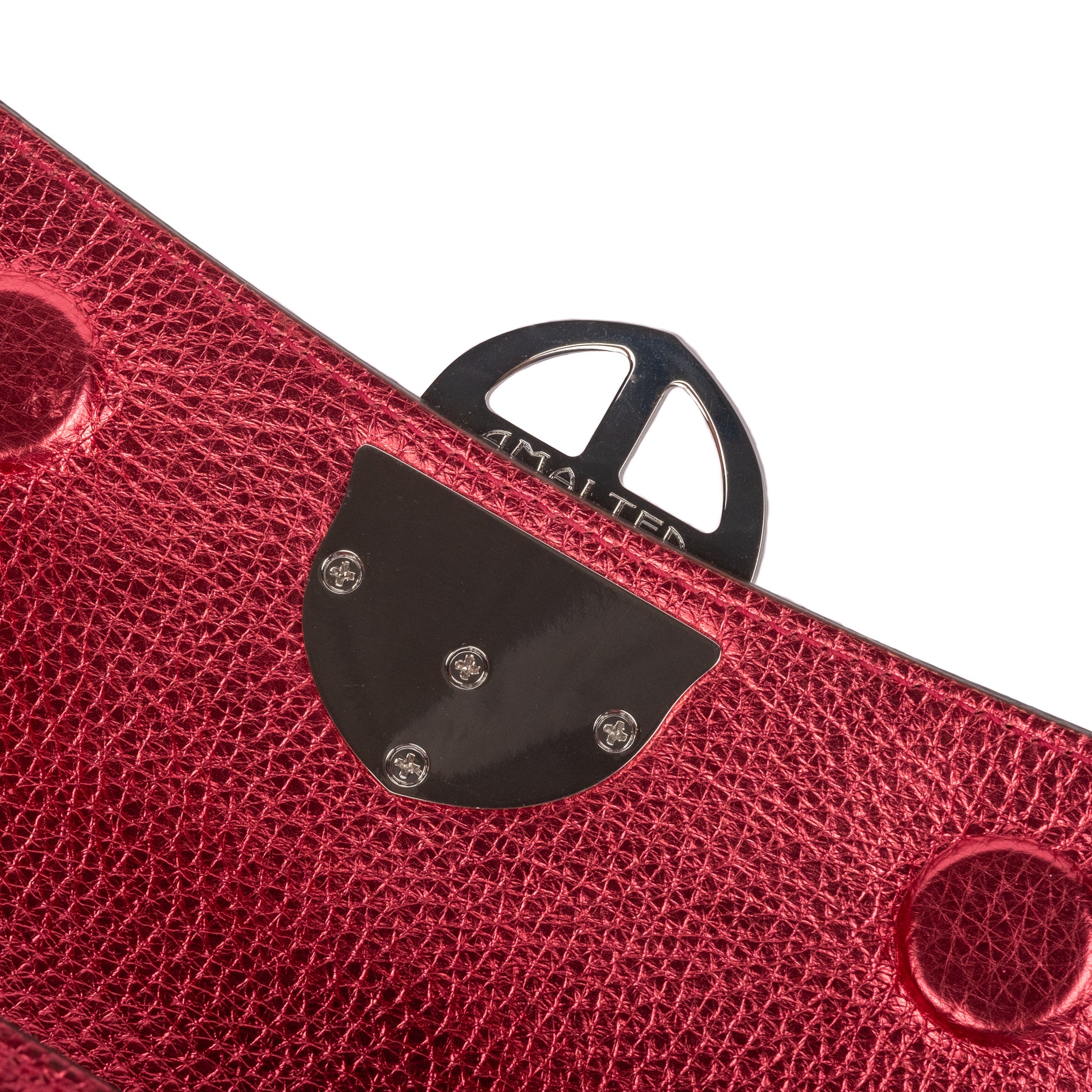 Strawberry Red leather clutch bag/wallet with a burnished metallic emblem buckle on a white background. - DEI DUCHI (AMALTEA)