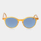 Sunglasses with yellow frame and blue lenses on a white background - Dei Duchi