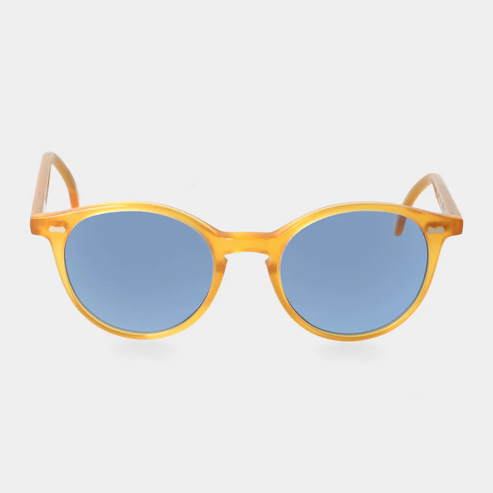 Sunglasses with yellow frame and blue lenses on a white background - Dei Duchi